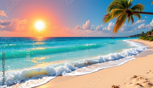 sun kissed, expansive beach cascading into turquoise water, subtly implying playful outdoor activity; vibrant, saturated pop art style; cozy, inviting atmosphere; subject positioned low