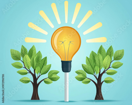Green energy idea lightbulb with windmills inside, flanked by trees, symbolizing sustainable innovation