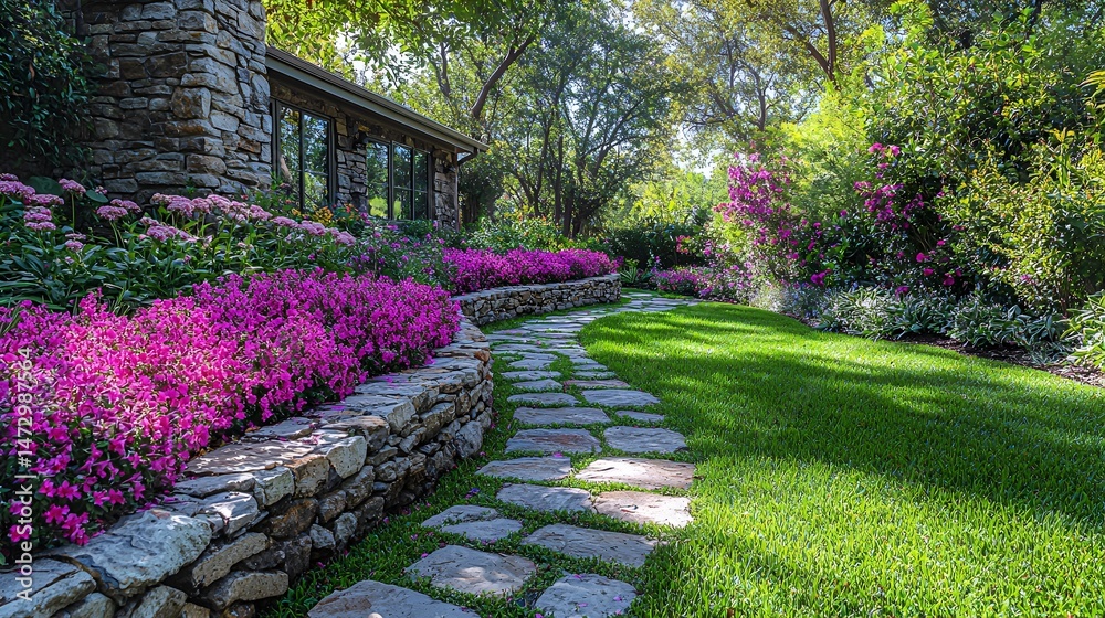 Obraz premium Sunlit garden path with stone wall and vibrant flowers.
