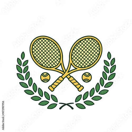 A vibrant tennis emblem featuring crossed rackets encircled by a laurel wreath symbolizes victory achievement and sporting excellence in a tennis tournament or championship game.