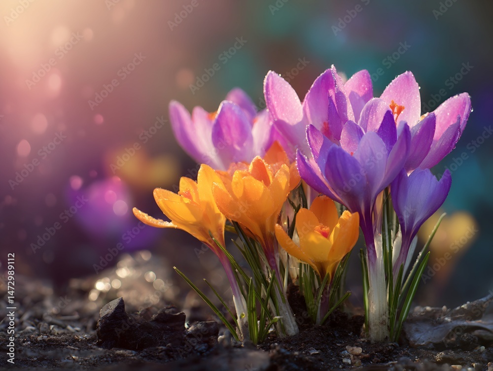Fototapeta premium Purple and Yellow Crocuses in Bloom