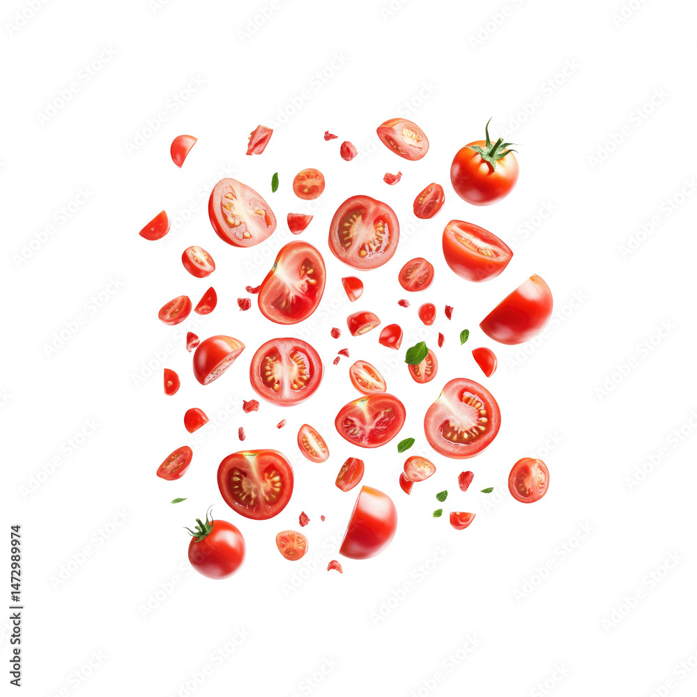 Juicy Red Tomatoes Falling and Sliced in Mid-Air Juicy Red Tomatoes Falling and Sliced in Mid-Air