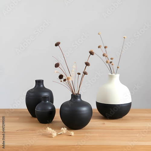 Stylish Black and White Vases with Dried Flowers on a Light Wood Table