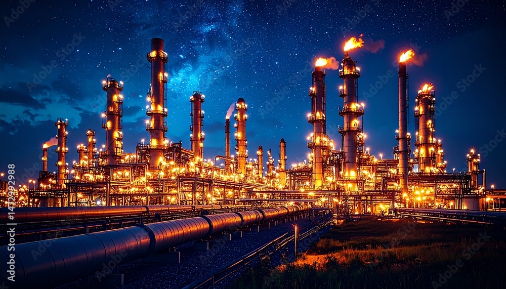 Fototapeta premium Illuminated industrial complex with tall towers under a starlit night sky