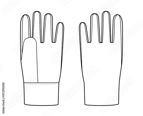 Fleece Gloves Fashion hand accessory clothing technical illustration garment. Vector front palm back view for Men, women, unisex style flat template CAD mockup sketch outline on white background