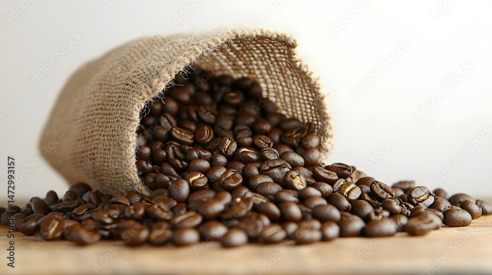 Fototapeta premium Roasted Coffee Beans Spilling from Burlap Sack