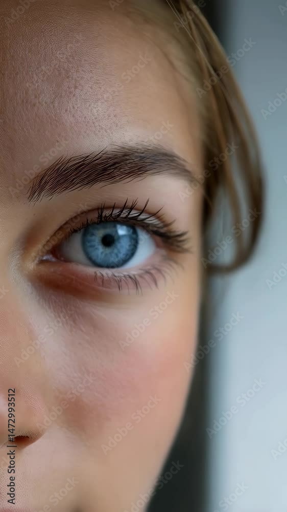 Macro image of a human face featuring a striking blue eye, expressive eyelashes, and smooth skin in natural light, captured in sharp detail. Macro image of a human face featuring a striking blue eye, expressive eyelashes, and smooth skin in natural light, captured in sharp detail.