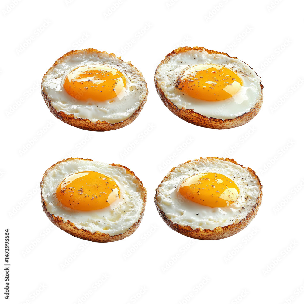 Four Perfectly Fried Sunny-Side Up Eggs Isolated on Transparent Background Four Perfectly Fried Sunny-Side Up Eggs Isolated on Transparent Background