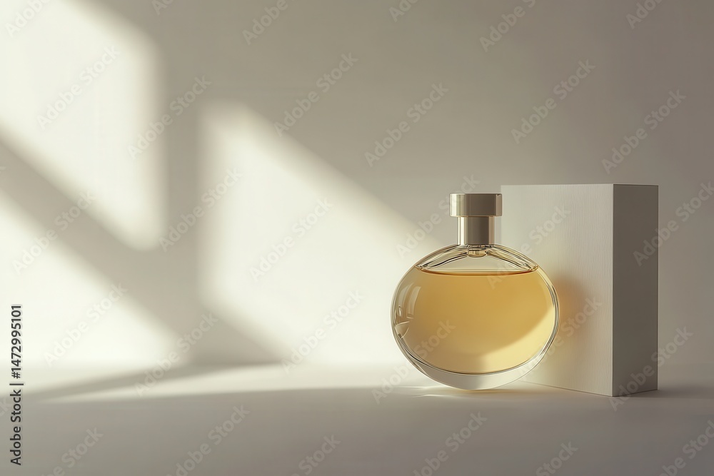 Amber perfume in a round glass bottle, resting on a minimalist white platform, bathed in soft sunlight Amber perfume in a round glass bottle, resting on a minimalist white platform, bathed in soft sunlight
