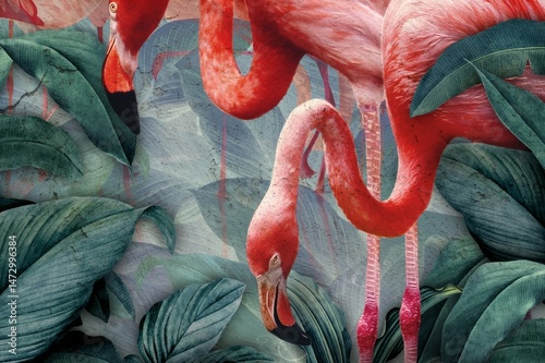 Obraz na płótnie Flamingos and dark leaves