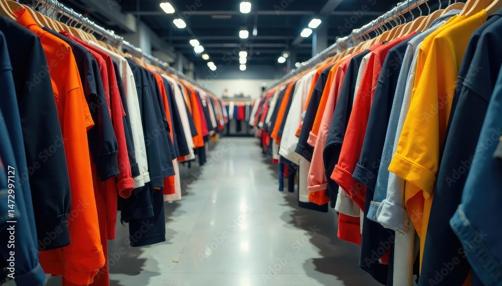 Obraz premium Clothes piled high on sale racks, overflowing with discounted items , merchandise, stock, clothing rack