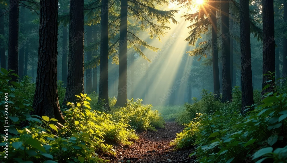 Obraz premium Dense coniferous forest, sun-dappled undergrowth, environment, understory