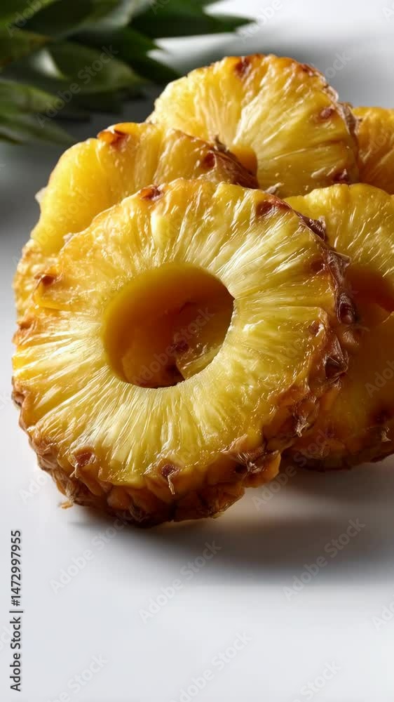 Close-up of juicy pineapple rings, showcasing the vibrant yellow pulp and textured outer skin on a bright surface, creating a tropical fruit scene.