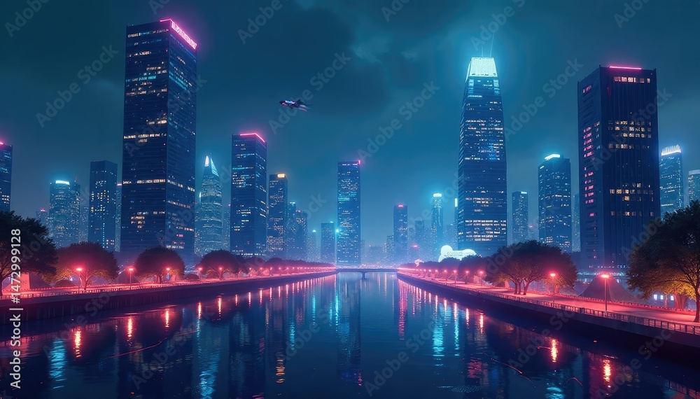 Obraz premium Sleek, futuristic cityscape at night, glowing holographic buildings and flying vehicles , abstract, dark