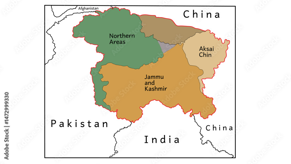 Fototapeta Map of Jammu and Kashmir. The disputed territory of Jammu and Kashmir, highlighting areas administered by India, Pakistan and China, including Aksai Chin and Northern Areas.