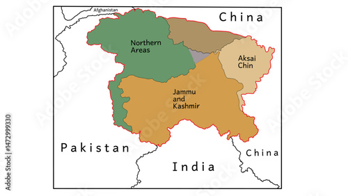 Map of Jammu and Kashmir. The disputed territory of Jammu and Kashmir, highlighting areas administered by India, Pakistan and China, including Aksai Chin and Northern Areas.