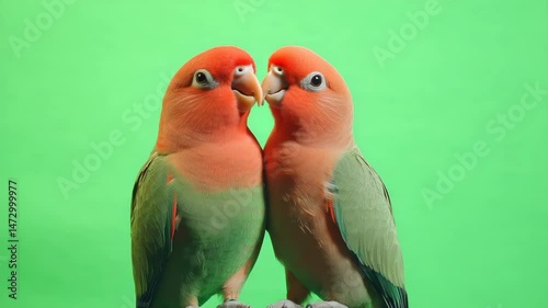 Adorable Lovebirds Together, A Colorful Parrot Duo on Green Screen