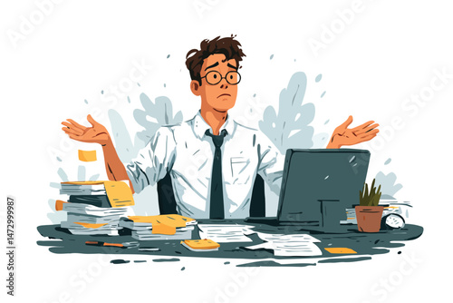 Frustrated businessman working in a small messy offic depression isolated