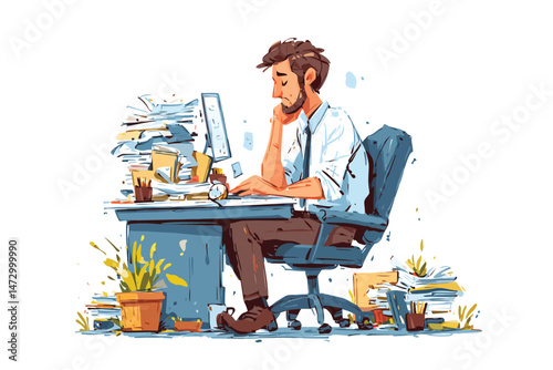 Frustrated businessman working in a small messy offic emotion isolated