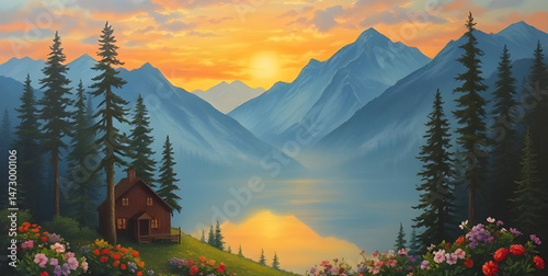 sunrise in the mountains art vector , vector landscape art