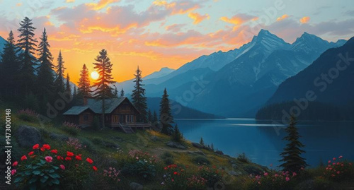 sunrise in the mountains art vector , vector landscape art