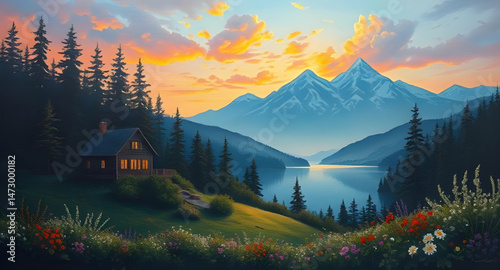 sunrise in the mountains art vector , vector landscape art