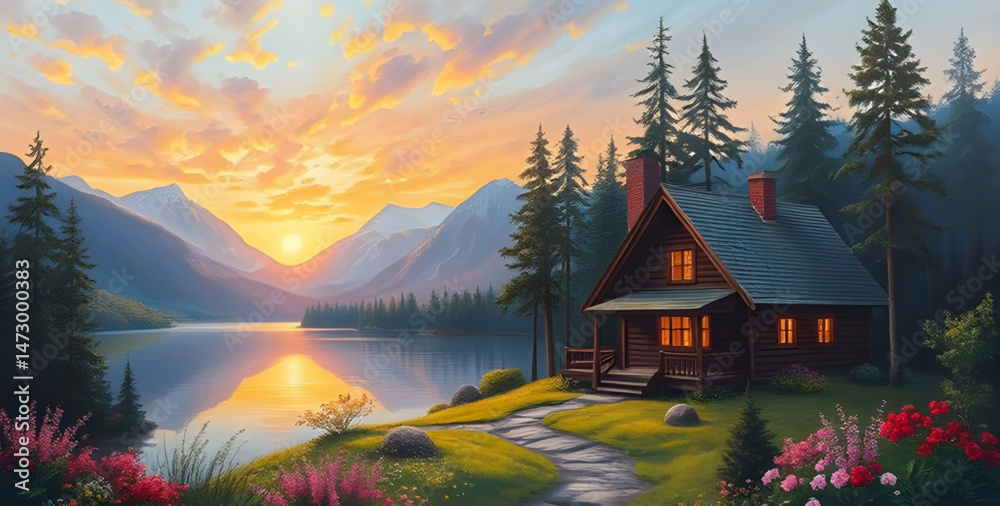 Fototapeta premium sunrise in the mountains art vector , vector landscape art