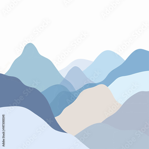 Illustration of layered mountain ranges in shades of blue and tan