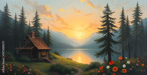 sunrise in the mountains art vector , vector landscape art