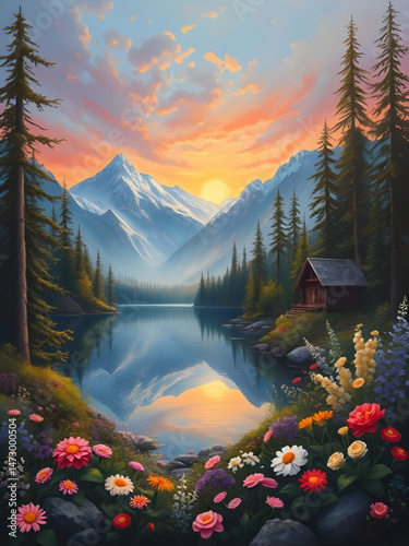 sunrise in the mountains art vector , vector landscape art