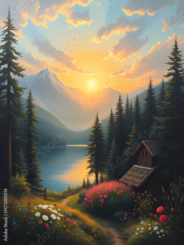 sunrise in the mountains art vector , vector landscape art