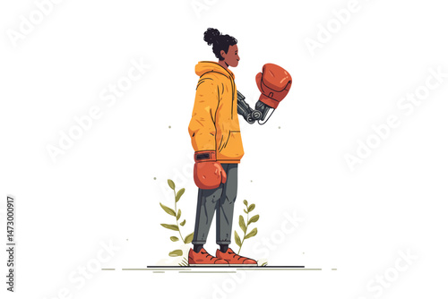 person with prosthetic arm wearing boxing gloves twenties isolated