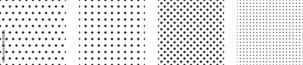 Seamless halftone rhombus pattern. Geometric mosaic, vector background pattern set. Grid mesh with holes or sports textile texture. Halftone wallpaper, diamond graphic illustration.