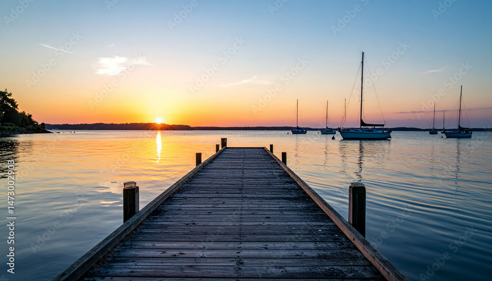Fototapeta premium Pier stretches into calm water during golden sunset, boats on horizon