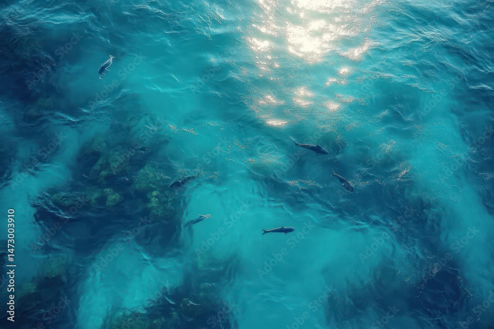 Fototapeta premium Clear turquoise ocean water with fish swimming near underwater rocks reflecting sunlight