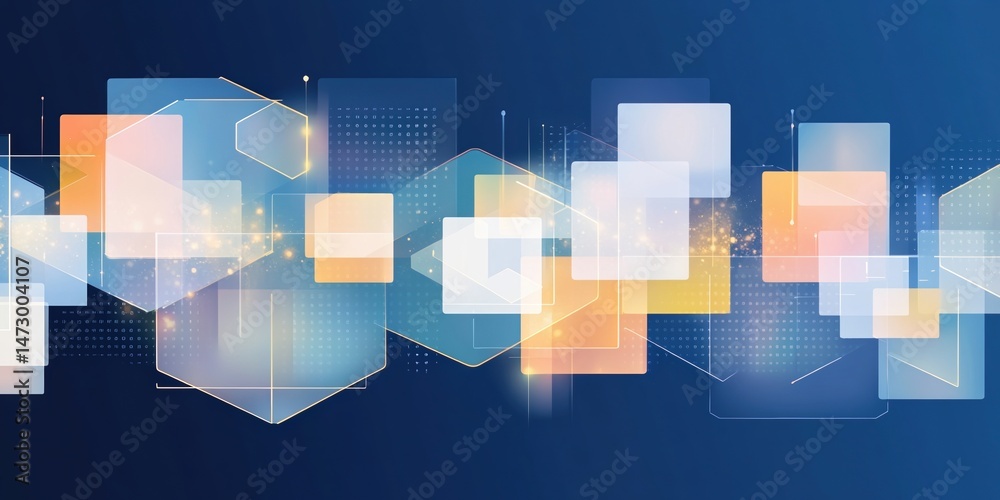 Fototapeta premium Abstract technology digital background with geometric blue squares and hexagons connected by glowing data network. Innovation concept