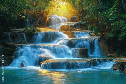 Serene multi-tiered waterfall cascading over rocks surrounded by lush green forest with soft golden sunlight filtering through trees
