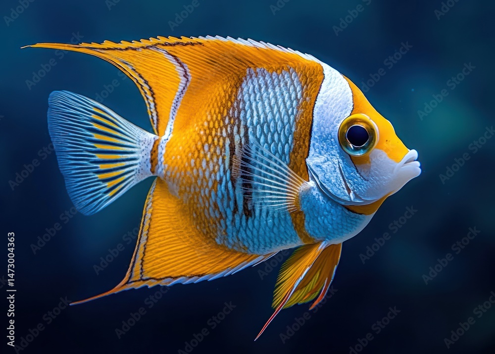 Naklejka premium Colorful tropical fish with striking orange, white, and blue scales swimming against a deep blue underwater background, showcasing intricate fin details