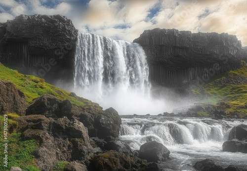 Majestic waterfall cascading over dark basalt rock formations surrounded by lush green grass under a cloudy sky