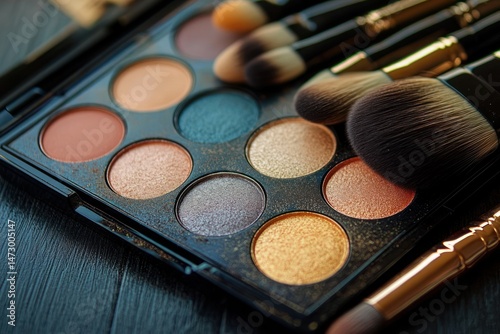 Close-up of colorful eyeshadow palette with various shimmery and matte shades alongside several makeup brushes on a dark surface