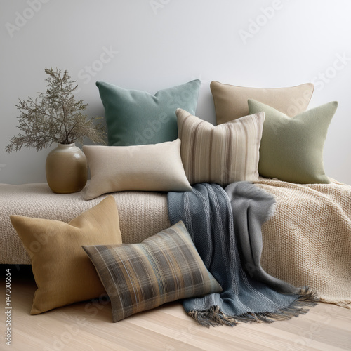 Wallpaper Mural Variety of cushions and blankets in neutral tones Torontodigital.ca