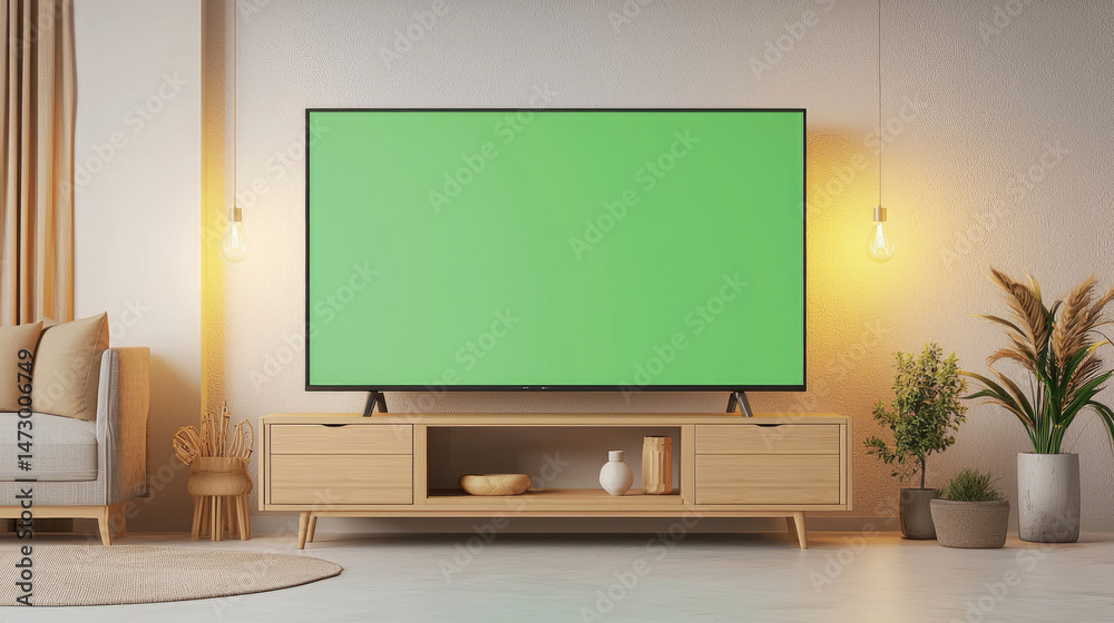 Fototapeta premium Modern living room with large flat-screen TV on light wood stand