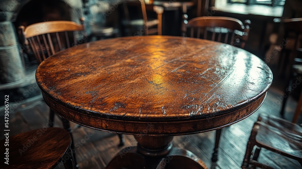 Obraz premium Rustic wooden pub table in cozy pub interior