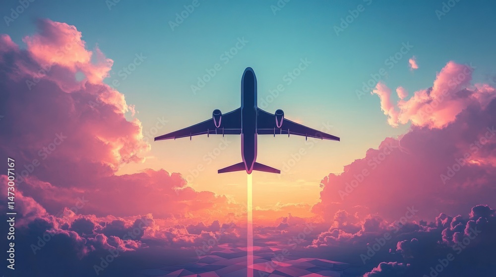 Naklejka premium Airplane flying high above the clouds during a colorful sunset with pink and orange hues illuminating the sky