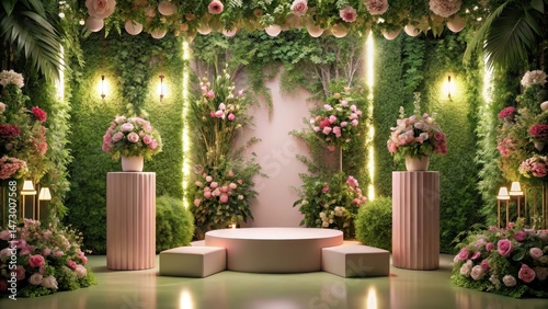 Softly lit pink podium center stage amidst lush greenery and floral arrangements for an intimate celebration, soft lighting, interior design