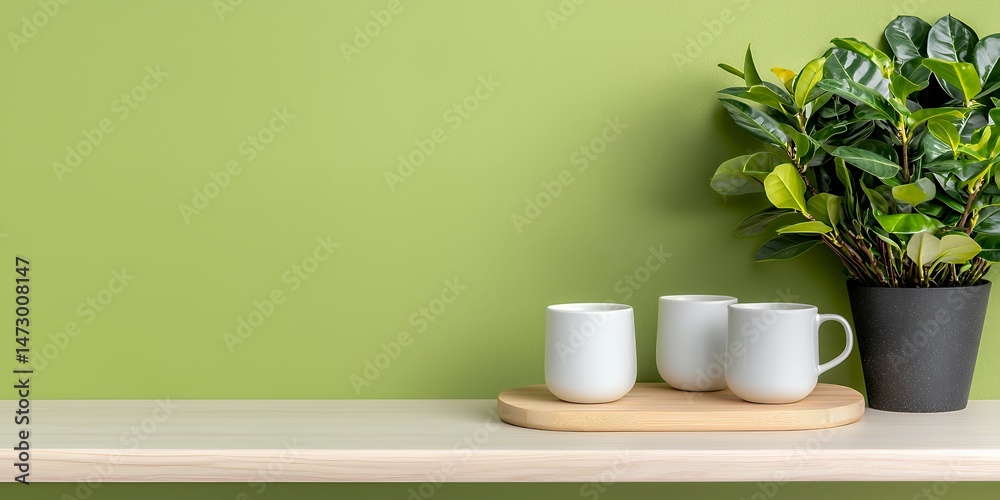 White Cups and Plant on Shelf White Cups and Plant on Shelf