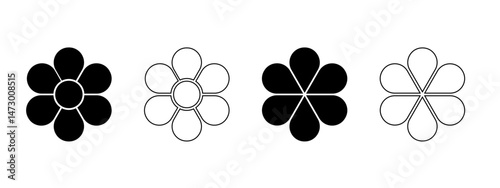 Set of flower silhouettes with 6 petals and core. Floral pie chart divided on six equal parts in leaf shapes isolated on white background. Templates for data presentation. Vector graphic illustration.