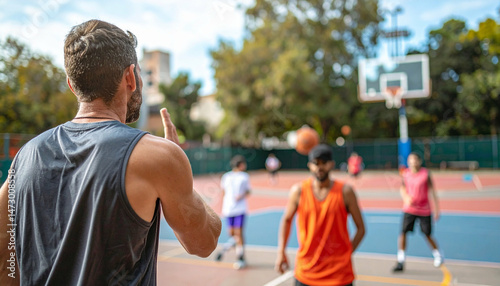 A man coaching a basketball game on an outdoor court with several players around