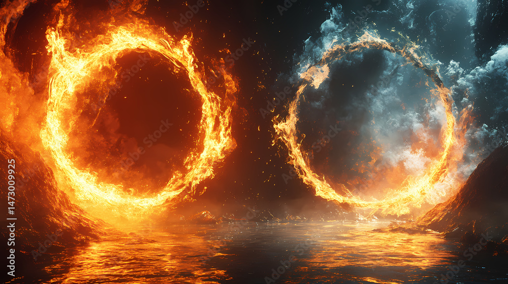 Fototapeta premium An enigmatic contrast: fiery circles adorned with elements of water and flames against opposing dark and light backdrops. [Echoes of Industry] | Forge Halo | burning ring. Illustration