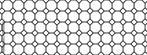 Tile floor or wall pattern with octagon and square shapes. Mosaic texture in vintage style. Cafe or restaurant interior ornament. Black and white geometric print. Vector outline illustration.
